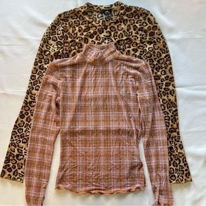 2 Forever 21 Mesh Tops Long Sleeve Shirt Plaid Cheetah Leopard Print